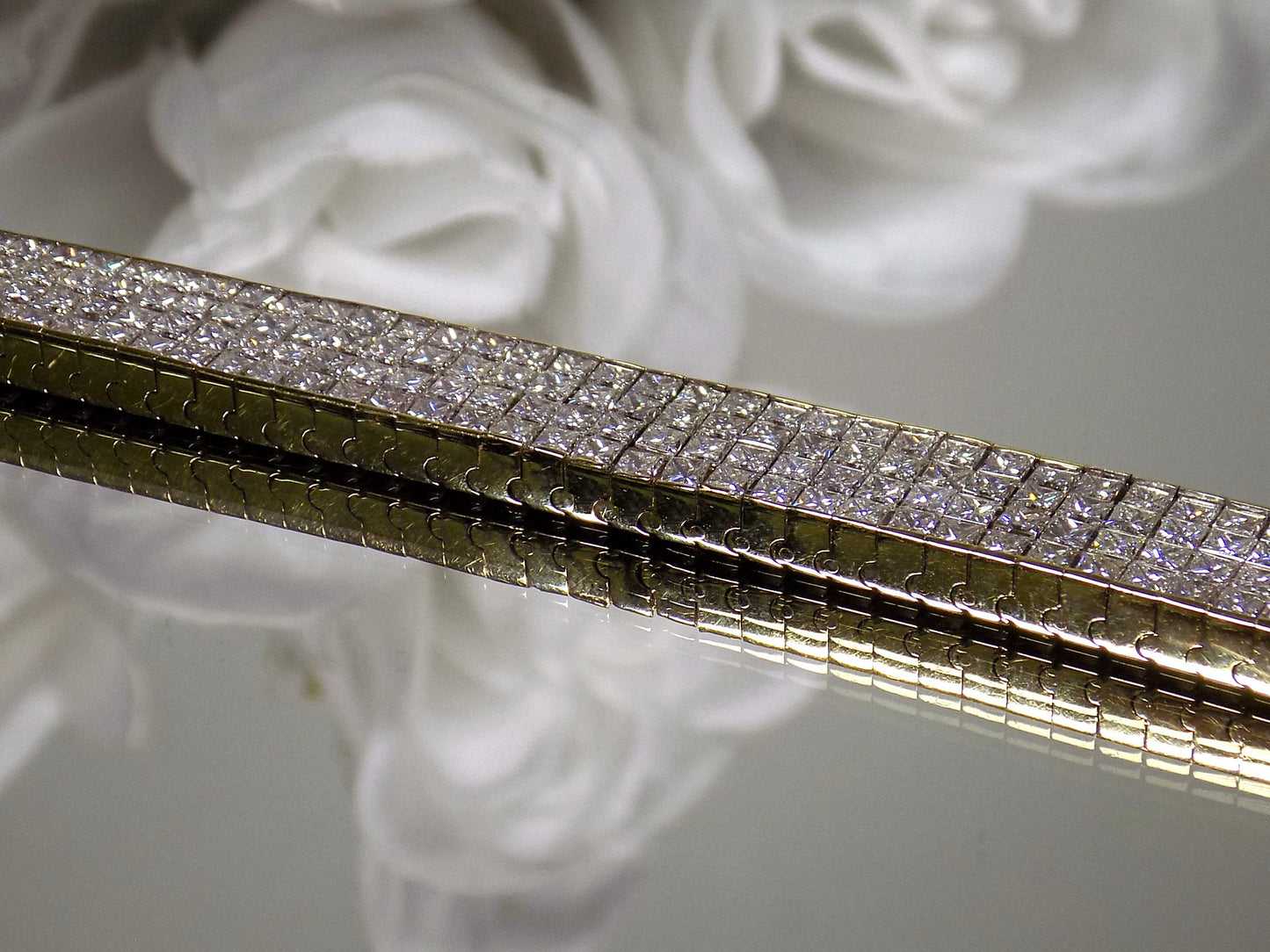 Estate 22ct TW Natural Princess Cut Invisibly Set Diamond Bracelet in 18K Yellow Gold - Like Brand New, Never Worn