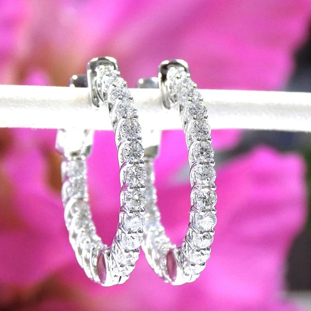 2ct Total Natural Diamond Hoop Earrings in 14K White Gold - In-Out Style 1" Diameter