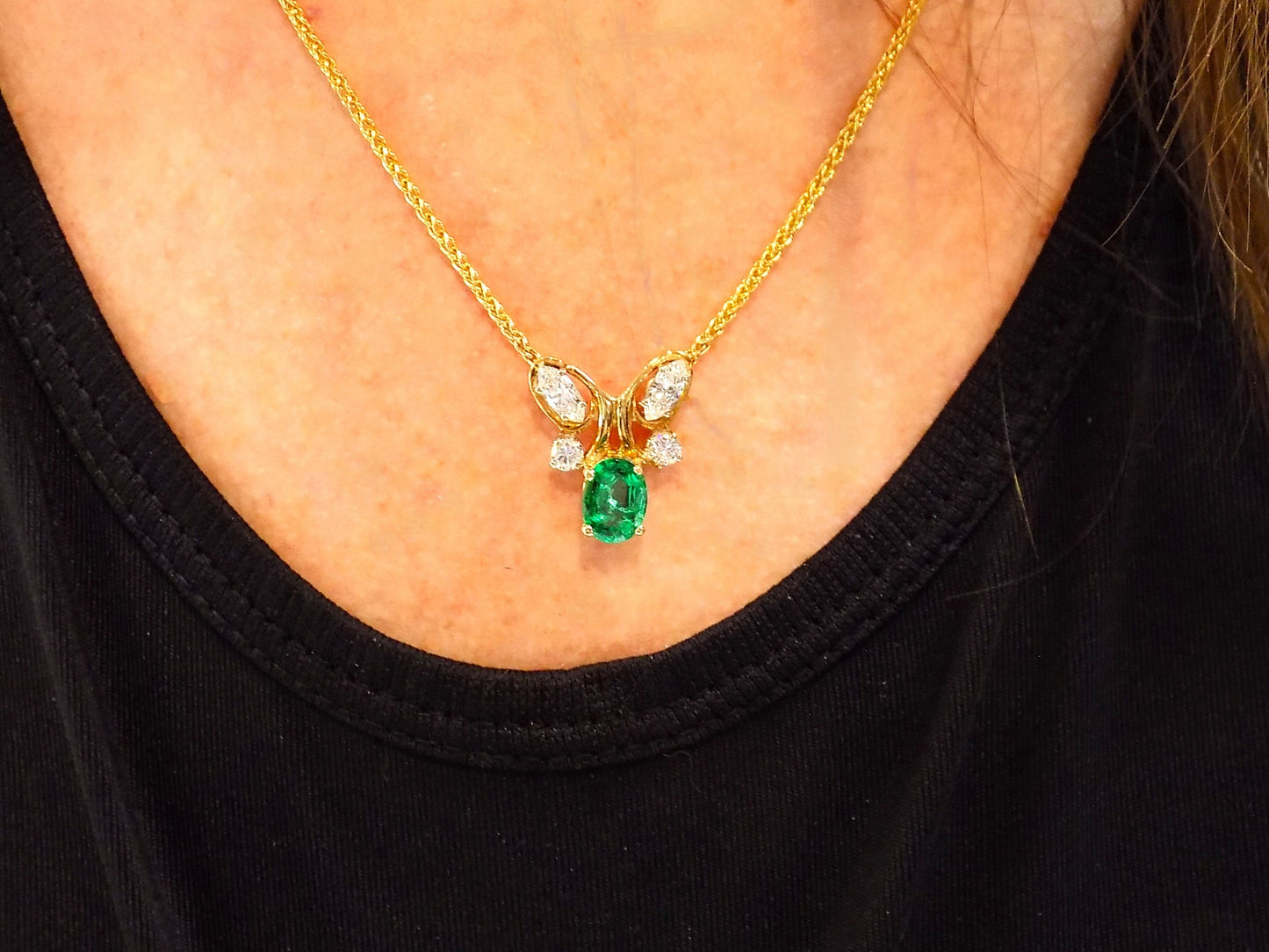 2ct TW Custom Made Natural Oval Fine Green Emerald & Diamond Necklace in 14K Yellow Gold 18" Long