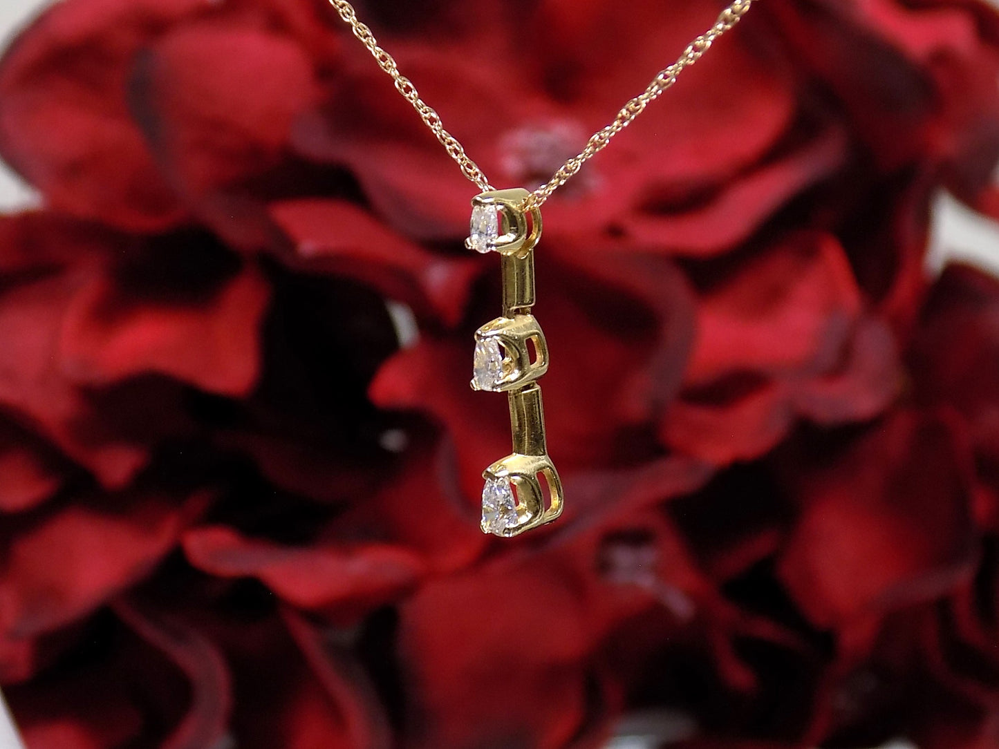 Vintage 3-Stone Natural Pear Shape Diamond Pendant or Necklace .20ct TW w/ 16" Chain in 14K Yellow Gold - Like New!