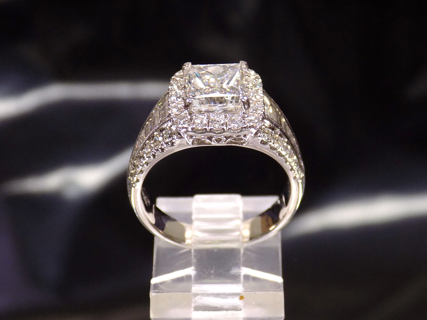 Estate 3.68ct TW Natural Diamond Ring with 2.05ct Princess Cut Diamond in a 1.63ct Simon G Brand Baguette & Round Diamond Mounting in 18K White Gold - Like Brand NEW