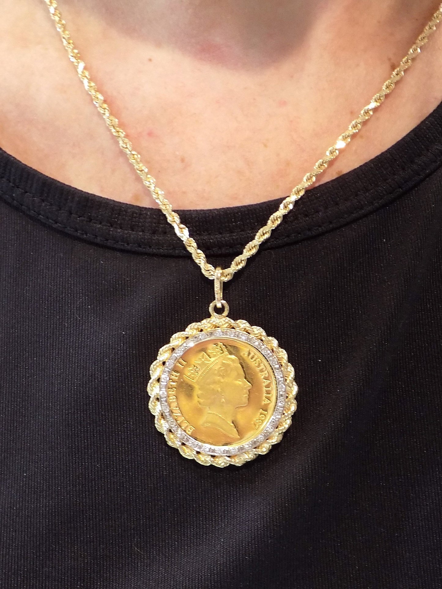1987 $200 Australian Gold Coin Pendant with .25ct Diamond Bezel in 14K Gold - Coin is 10g of 22K Gold