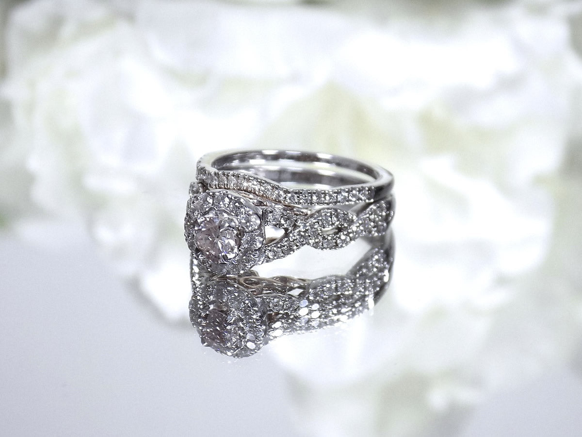 Women's 1.02ct TW Halo Infinity Style 2-Piece Natural Round Diamond Wedding Set or Bridal Set - Engagement Ring + Matching Band in 14K White Gold