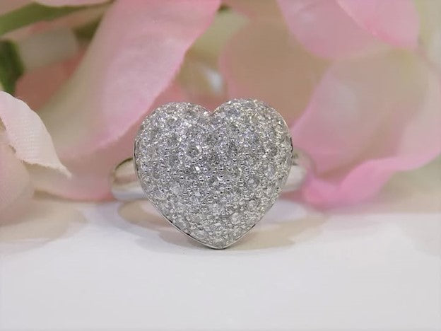 Estate 1.00ct TW Natural Pave' Set Round Diamond Heart Shape Ring in Solid 18K White Gold