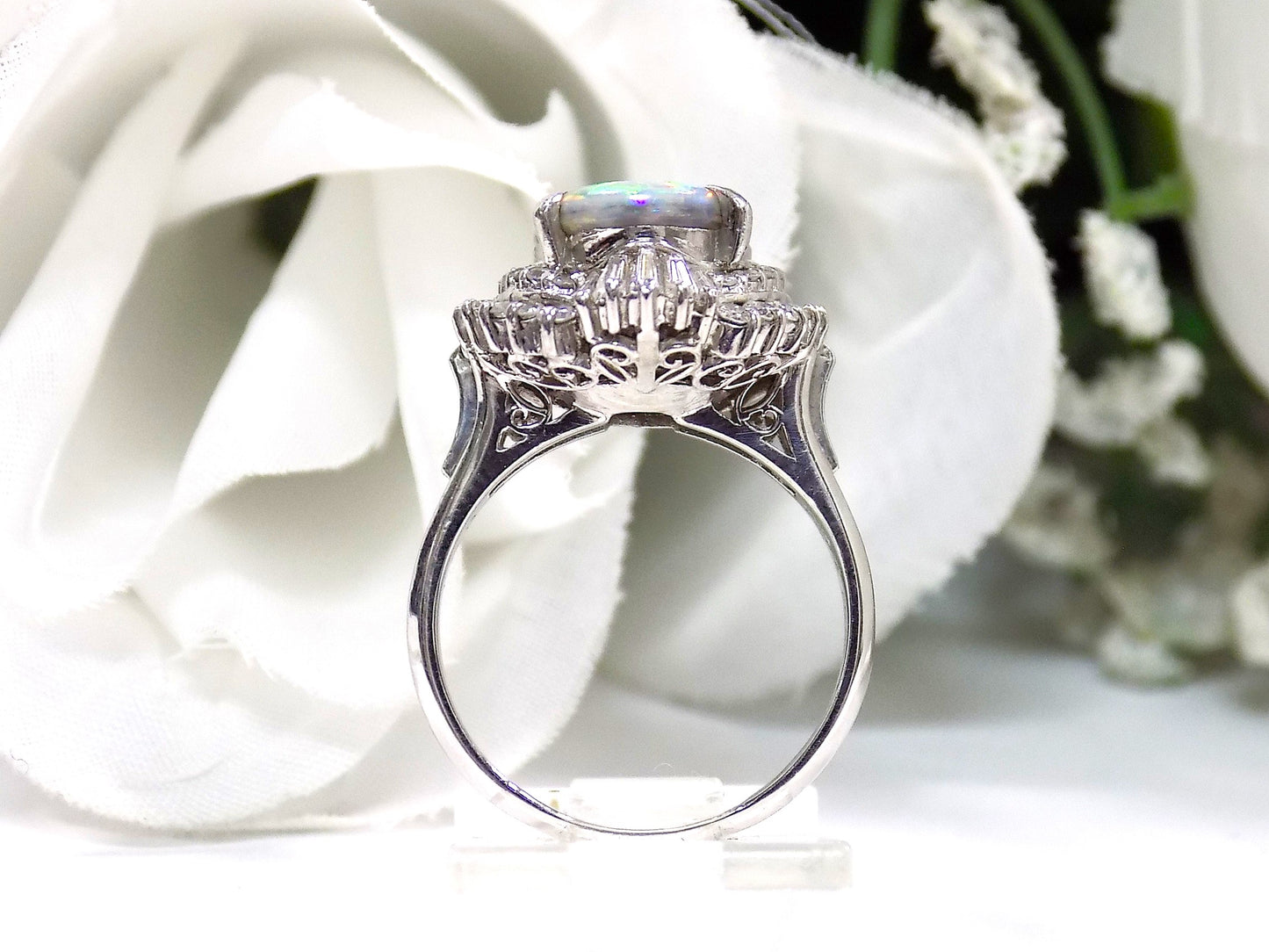 3.32ct TW Genuine Natural Opal from Lightning Ridge Australia with Natural Baguette & Round Diamond Accents in 14K White Gold