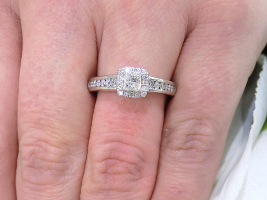 .50ct TW Halo Style Natural Princess Cut Diamond Engagement Ring in Solid 14K White Gold