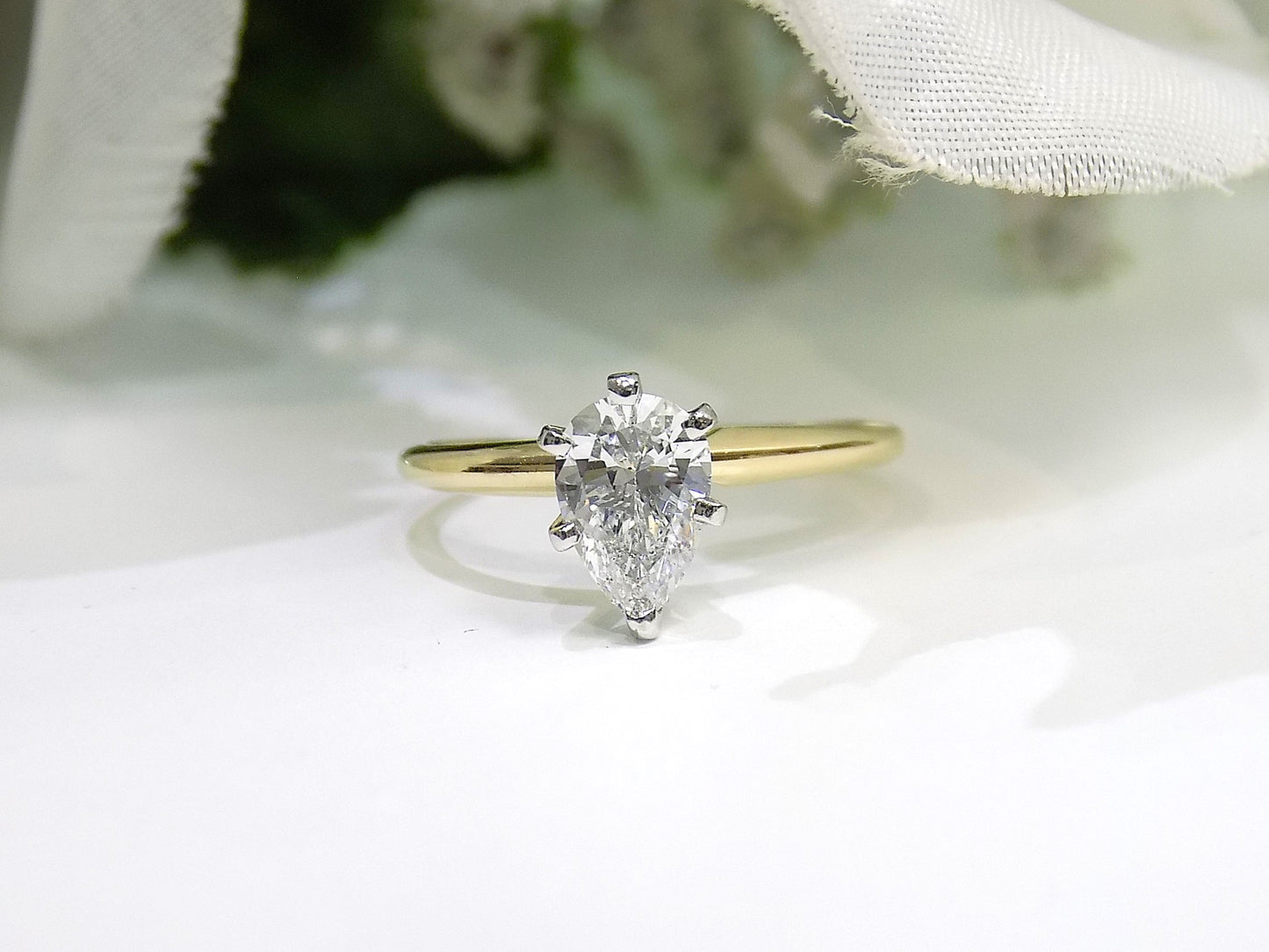 1.00ct Natural High Quality Pear Shape Diamond Solitaire in 14K Yellow Gold Tiffany Style Mounting - Yellow Gold Ring with White Gold 6-Prong Head