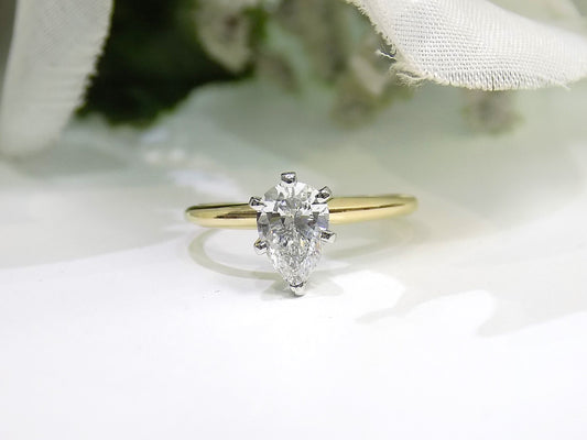 1.00ct Natural High Quality Pear Shape Diamond Solitaire in 14K Yellow Gold Tiffany Style Mounting - Yellow Gold Ring with White Gold 6-Prong Head
