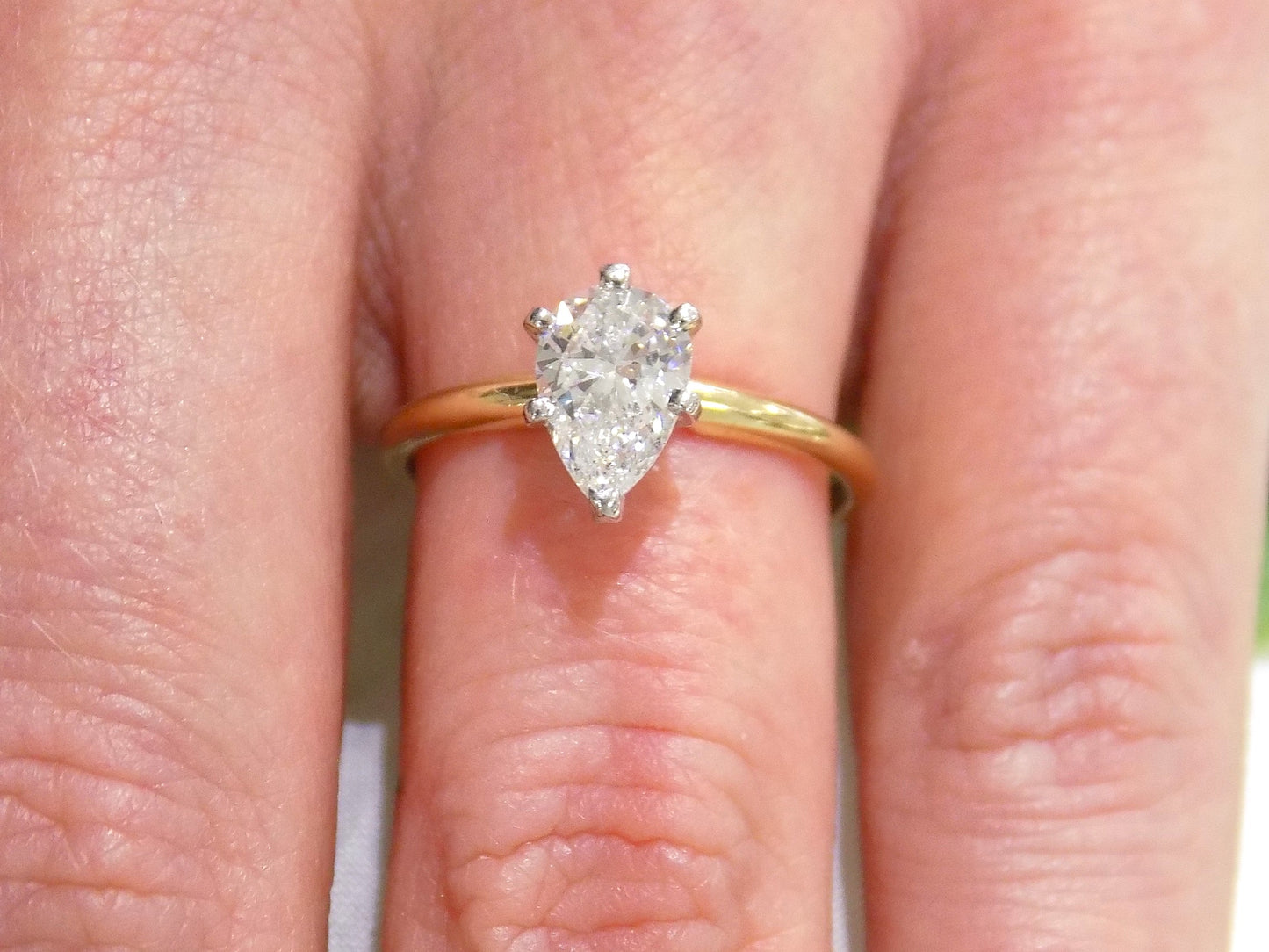 1.00ct Natural High Quality Pear Shape Diamond Solitaire in 14K Yellow Gold Tiffany Style Mounting - Yellow Gold Ring with White Gold 6-Prong Head