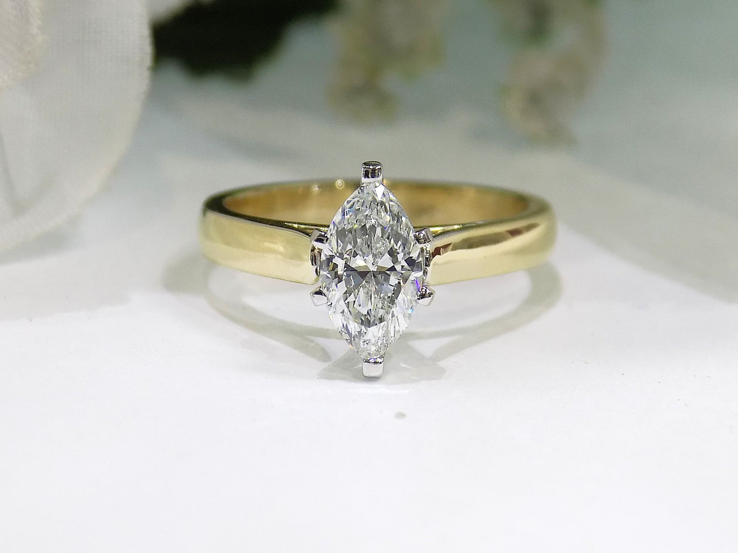 Ladies' 1.01ct Marquise Shape Natural Diamond Solitaire in a 14K Yellow Gold Cathedral Style Mounting