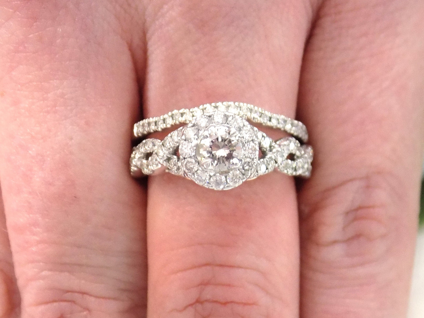 Women's 1.02ct TW Halo Infinity Style 2-Piece Natural Round Diamond Wedding Set or Bridal Set - Engagement Ring + Matching Band in 14K White Gold