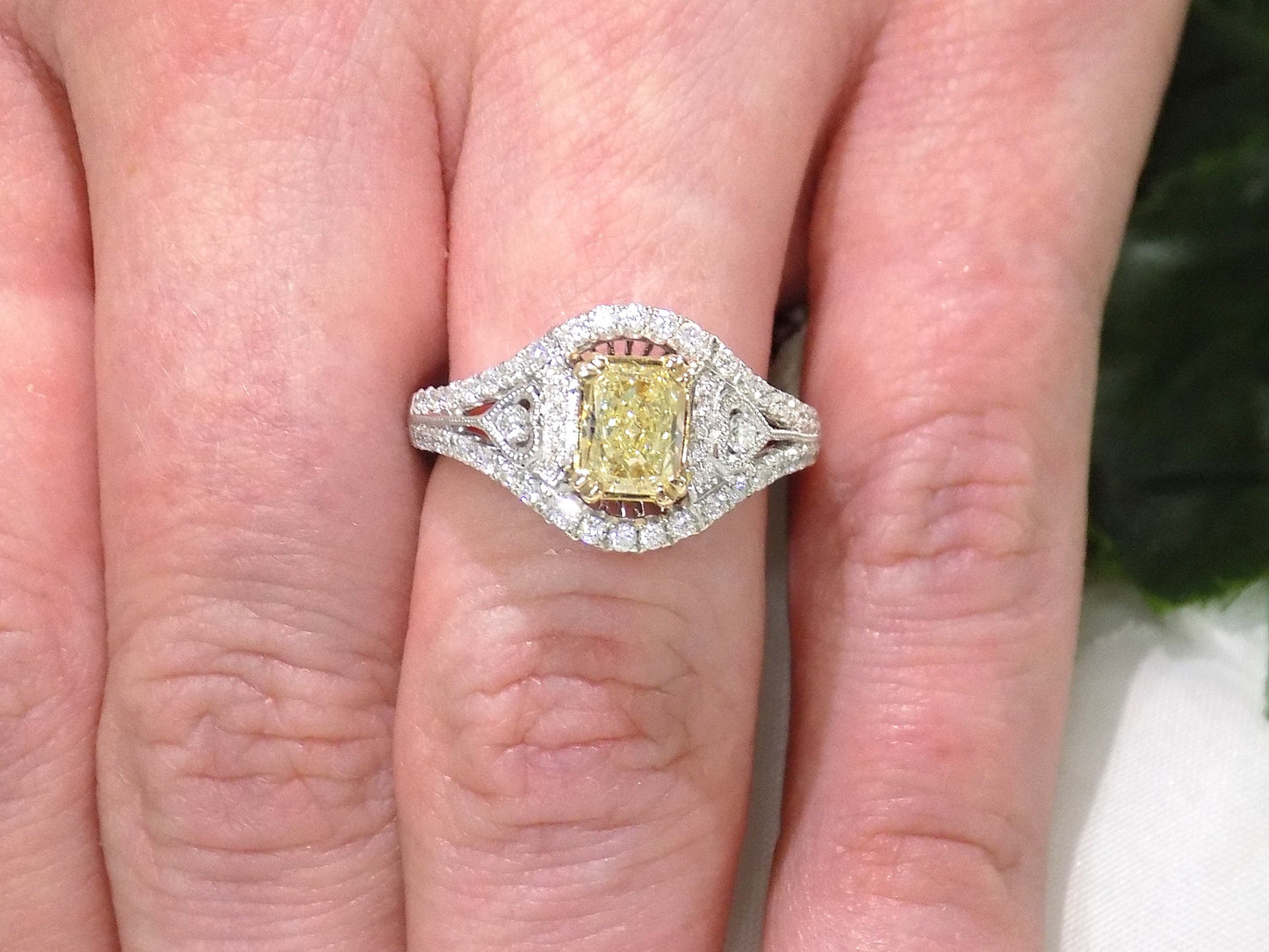 1.35ct TW Natural Canary Fancy Yellow Diamond Ring with a .78ct Fancy Yellow Radiant Center in 14K White w/ 18K Yellow Gold Accent