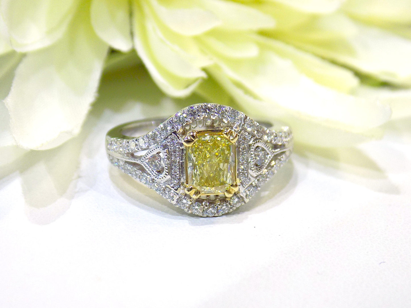 1.35ct TW Natural Canary Fancy Yellow Diamond Ring with a .78ct Fancy Yellow Radiant Center in 14K White w/ 18K Yellow Gold Accent