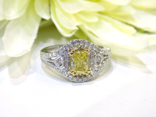 1.35ct TW Natural Canary Fancy Yellow Diamond Ring with a .78ct Fancy Yellow Radiant Center in 14K White w/ 18K Yellow Gold Accent