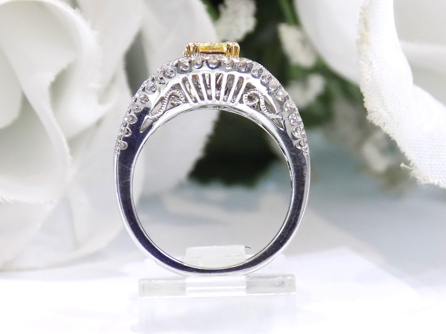 1.35ct TW Natural Canary Fancy Yellow Diamond Ring with a .78ct Fancy Yellow Radiant Center in 14K White w/ 18K Yellow Gold Accent