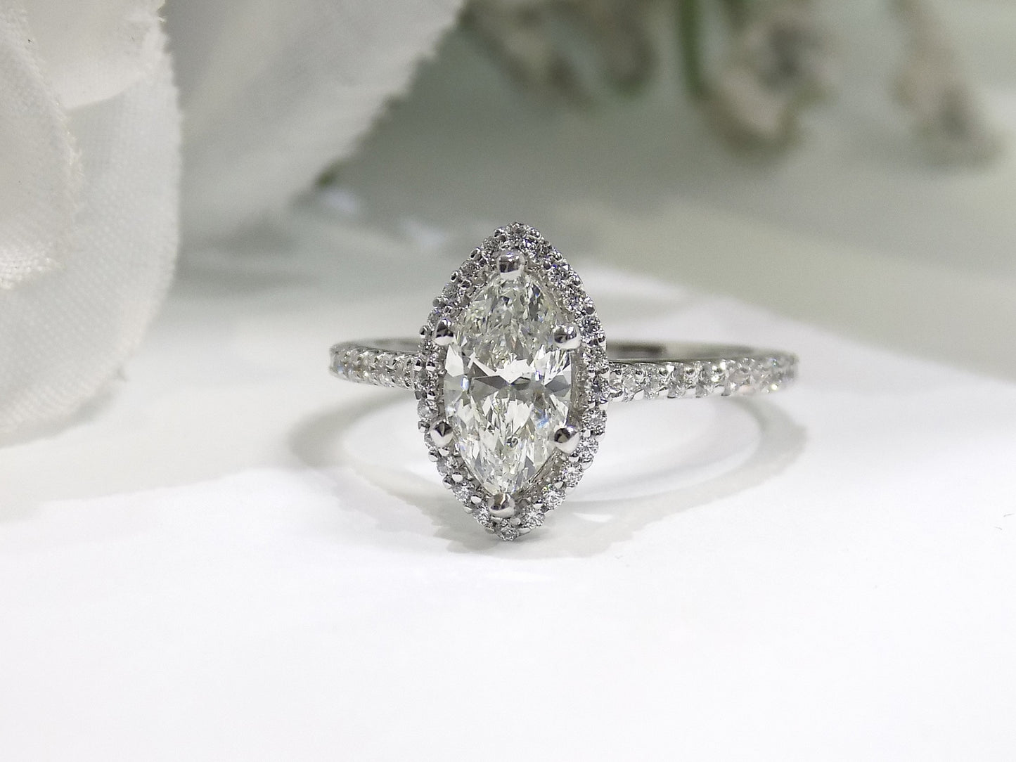 1.37ct TW Halo Style Natural Marquise Shape Diamond Engagement Ring in 14K White Gold - w/ 1.04ct Natural Marquise Shape Center Diamond