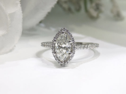 1.37ct TW Halo Style Natural Marquise Shape Diamond Engagement Ring in 14K White Gold - w/ 1.04ct Natural Marquise Shape Center Diamond