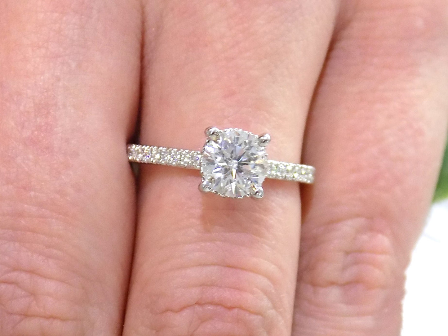 1.39ct TW Natural Round Brilliant Diamond Engagement Ring with a 1.02ct Round Center in 14K White Gold with Hidden Halo Style Head