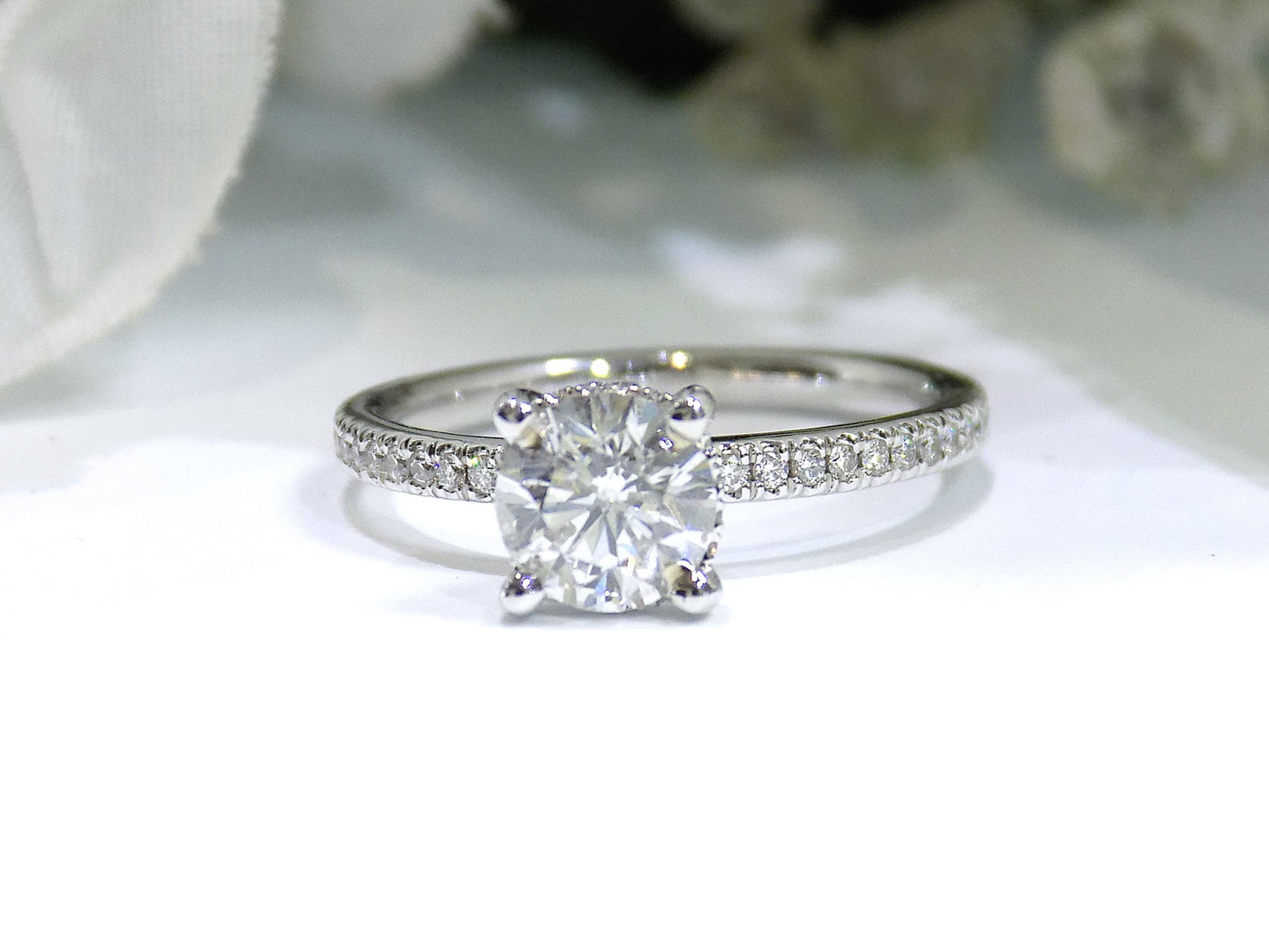 1.39ct TW Natural Round Brilliant Diamond Engagement Ring with a 1.02ct Round Center in 14K White Gold with Hidden Halo Style Head