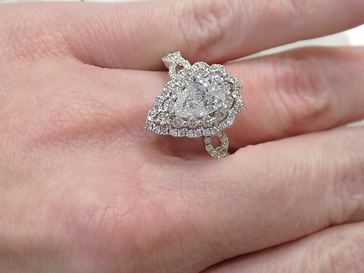 1.70ct TW Natural Pear Shape Double-Halo Style Diamond Ring with a 1.00ct Pear Shape Center in 18K White Gold