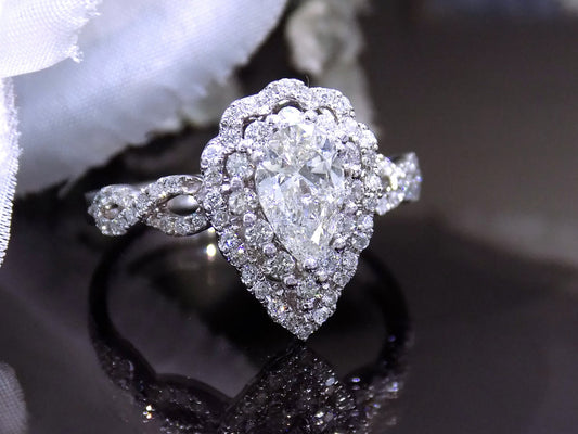 1.70ct TW Natural Pear Shape Double-Halo Style Diamond Ring with a 1.00ct Pear Shape Center in 18K White Gold