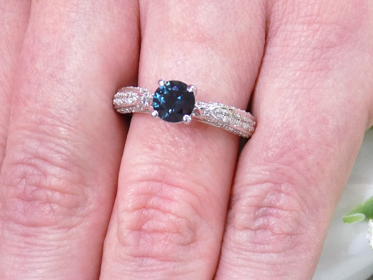 1.74ct TW Natural Blue Diamond Ring with a .89ct Round Blue Diamond Center in 18K White Gold