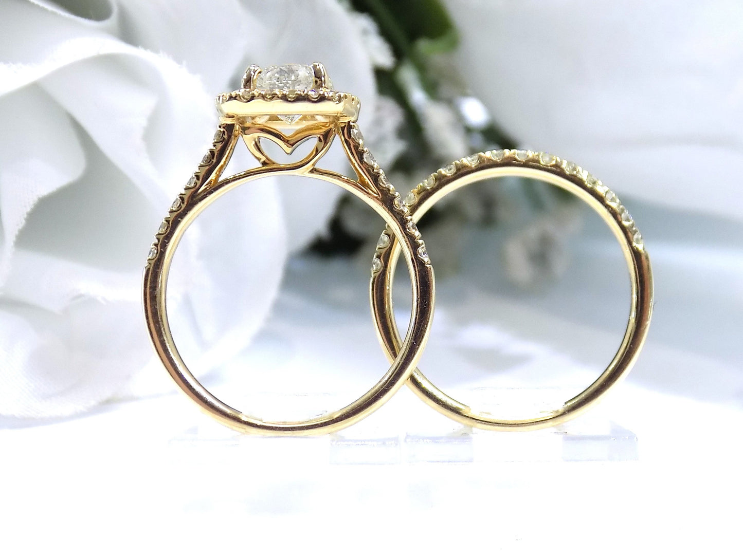 1.77ct TW Natural Round Brilliant Halo Style Diamond Wedding Set with a 1.02ct Round Center in 14K Yellow Gold (Matching Band Included)