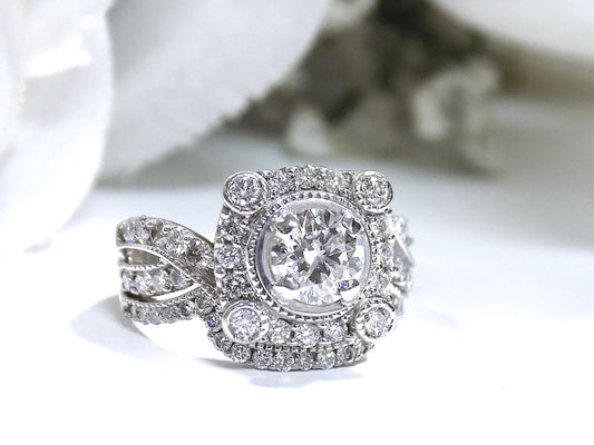 1.95ct TW Estate Natural Round Brilliant Diamond Bridal Set w/ .95ct Round Center in 14K White Gold - Set is Already Together