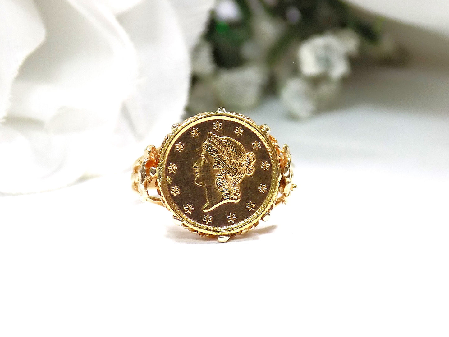 Ladies' 1853 US $1 Gold Coin Ring in 14K Yellow Gold Filigree Style - Coin is 90% Pure Gold