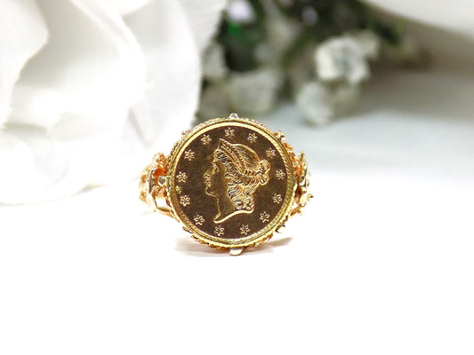 Ladies' 1853 US $1 Gold Coin Ring in 14K Yellow Gold Filigree Style - Coin is 90% Pure Gold