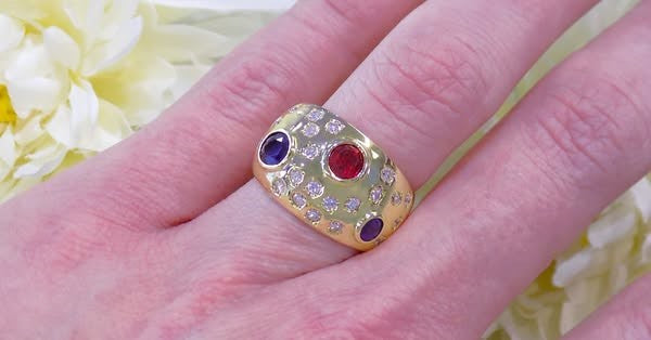 2.50ct TW Vintage Bezel Set Natural Ruby, Sapphire & Diamond Dome Ring or Cigar Band Style in 18K Yellow Gold