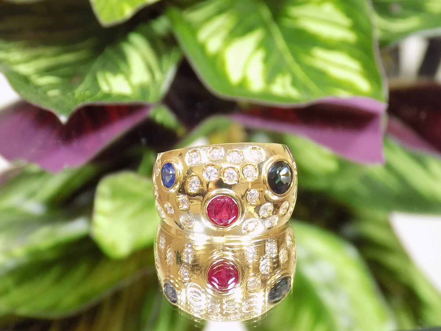 2.50ct TW Vintage Bezel Set Natural Ruby, Sapphire & Diamond Dome Ring or Cigar Band Style in 18K Yellow Gold