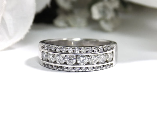1.00ct 3-Row Natural Round Brilliant Wide Diamond Band in 14K White Gold