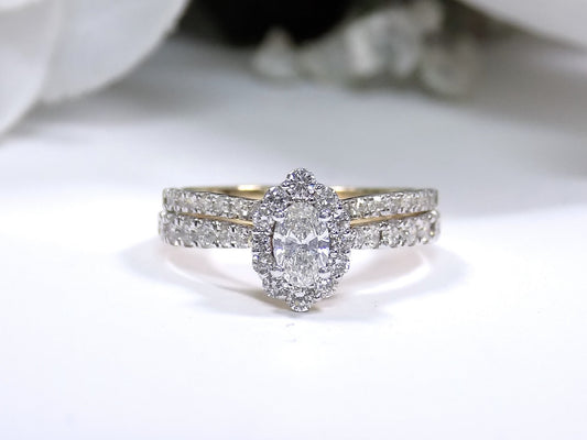 Women's 1ct TW 2-Piece Halo Style Natural Oval Diamond Wedding Set - Engagement Ring plus Matching Band in 14K Yellow Gold
