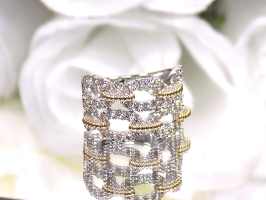 1.50ct TW Heritage Style Double Link Rope Wide Diamond Band in 14K White & Yellow 2-Tone Gold Gold