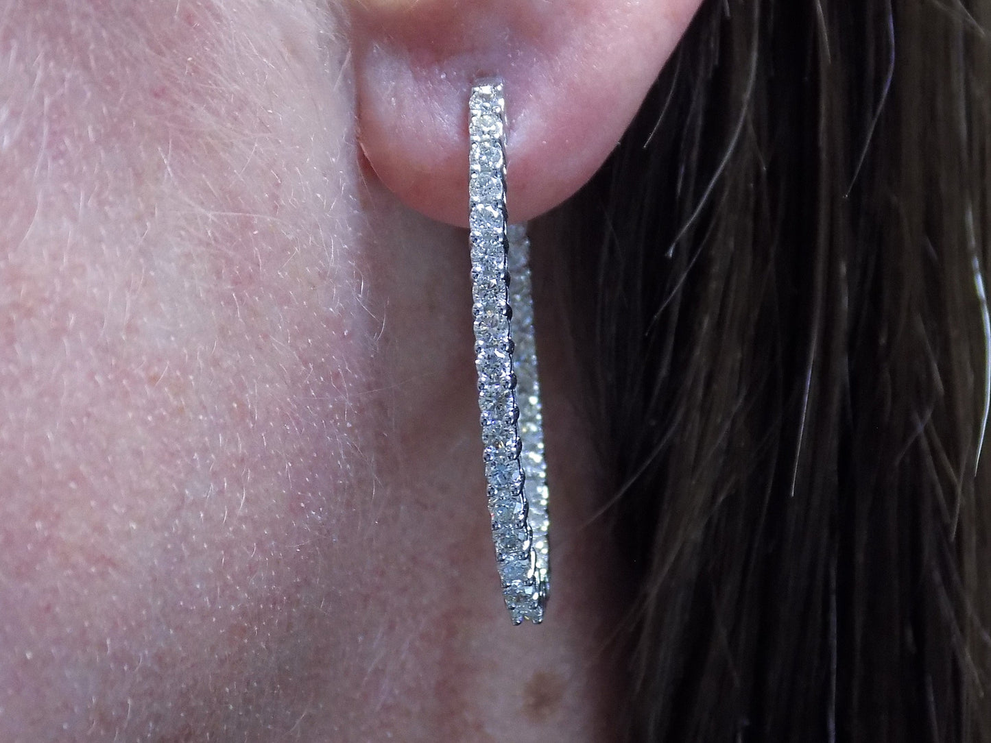 Women's 2ct TW Natural Diamond Oval Shape Hoop Earrings in Solid 14K Yellow Gold - Inside-Out Style