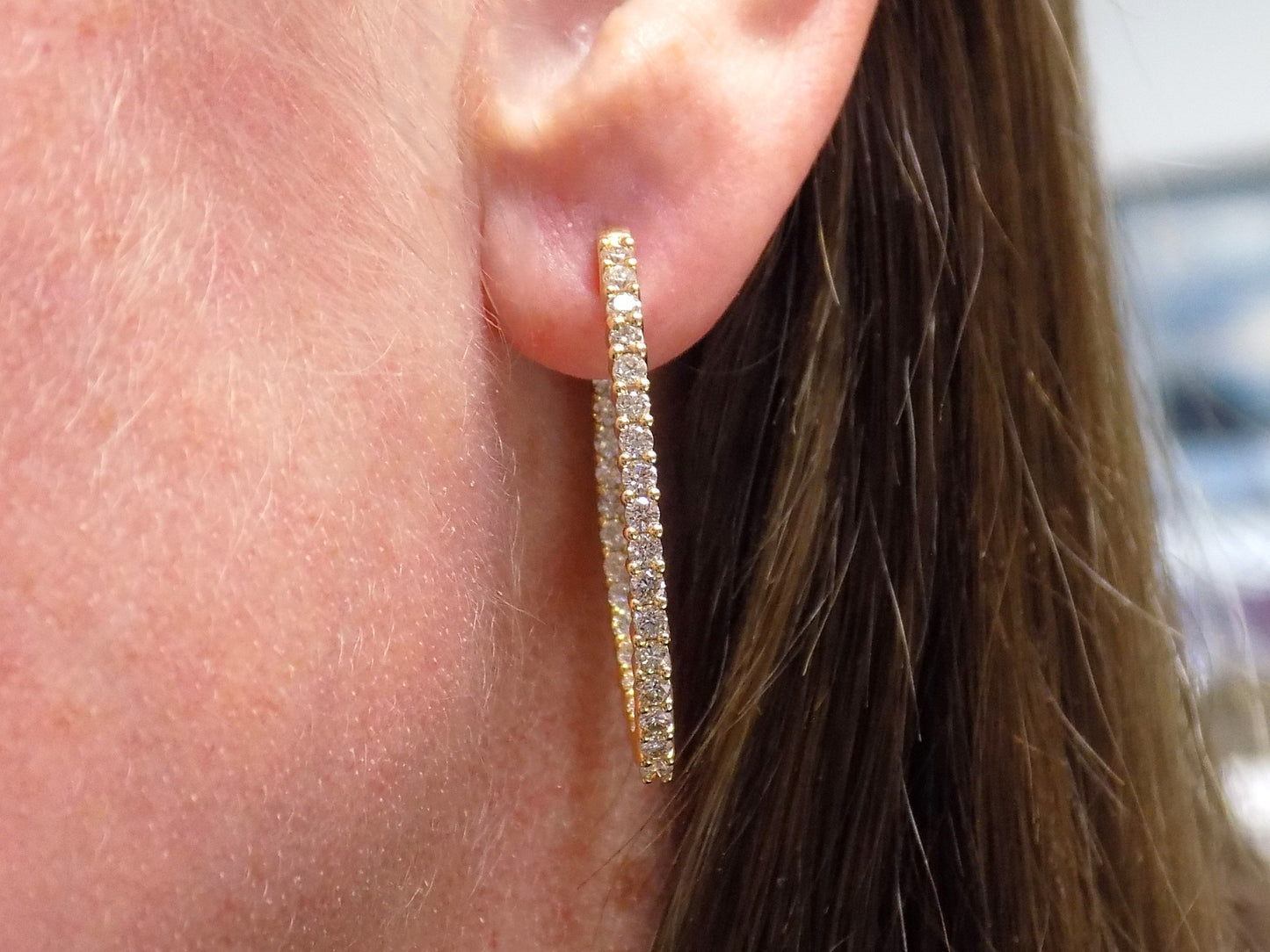 Women's 2ct TW Natural Diamond Oval Shape Hoop Earrings in Solid 14K Yellow Gold - Inside-Out Style