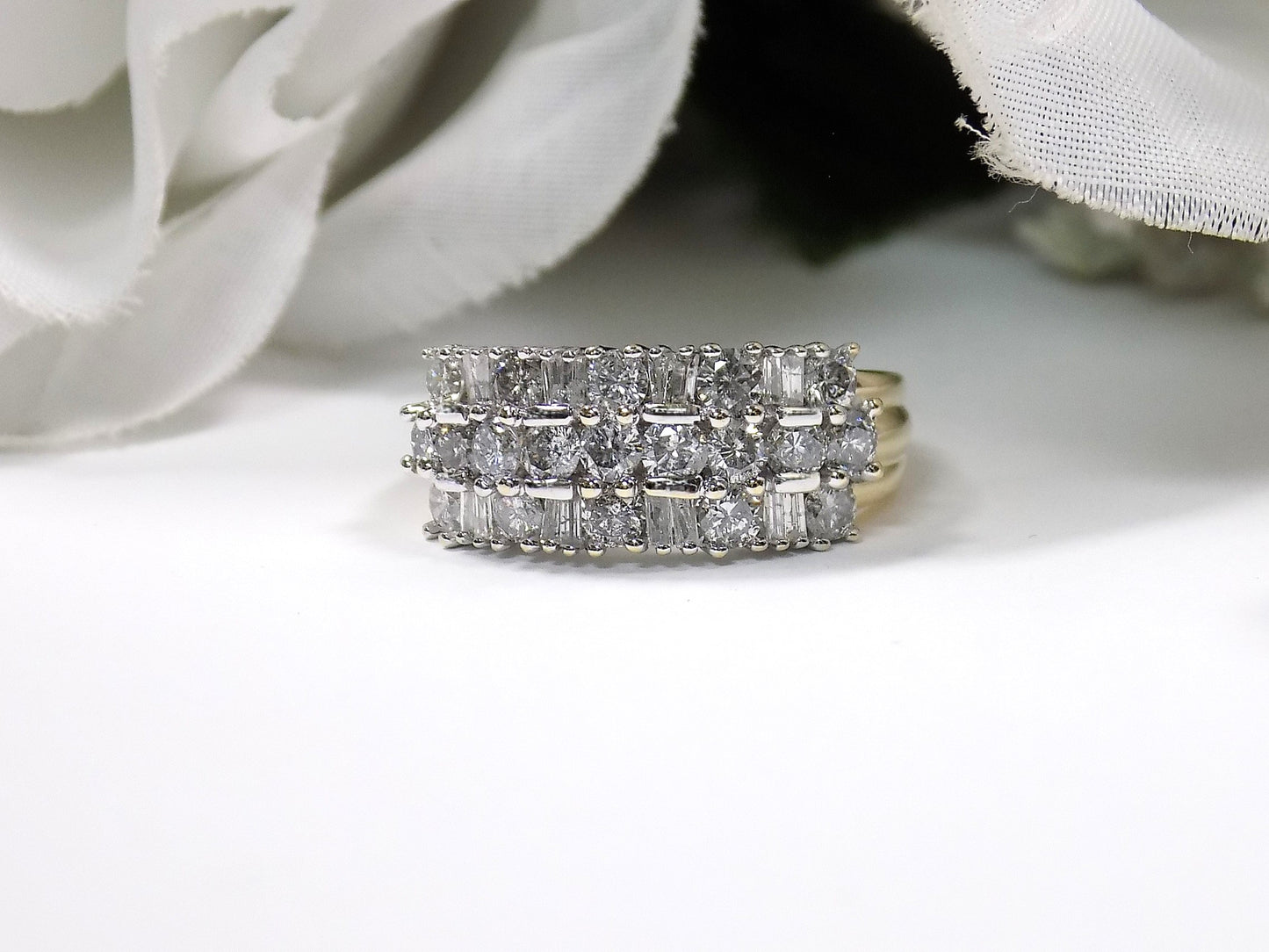 Women's Vintage 2ct TW Natural Baguette & Round Wide Diamond Band in 14K Yellow & White Gold 2-Tone