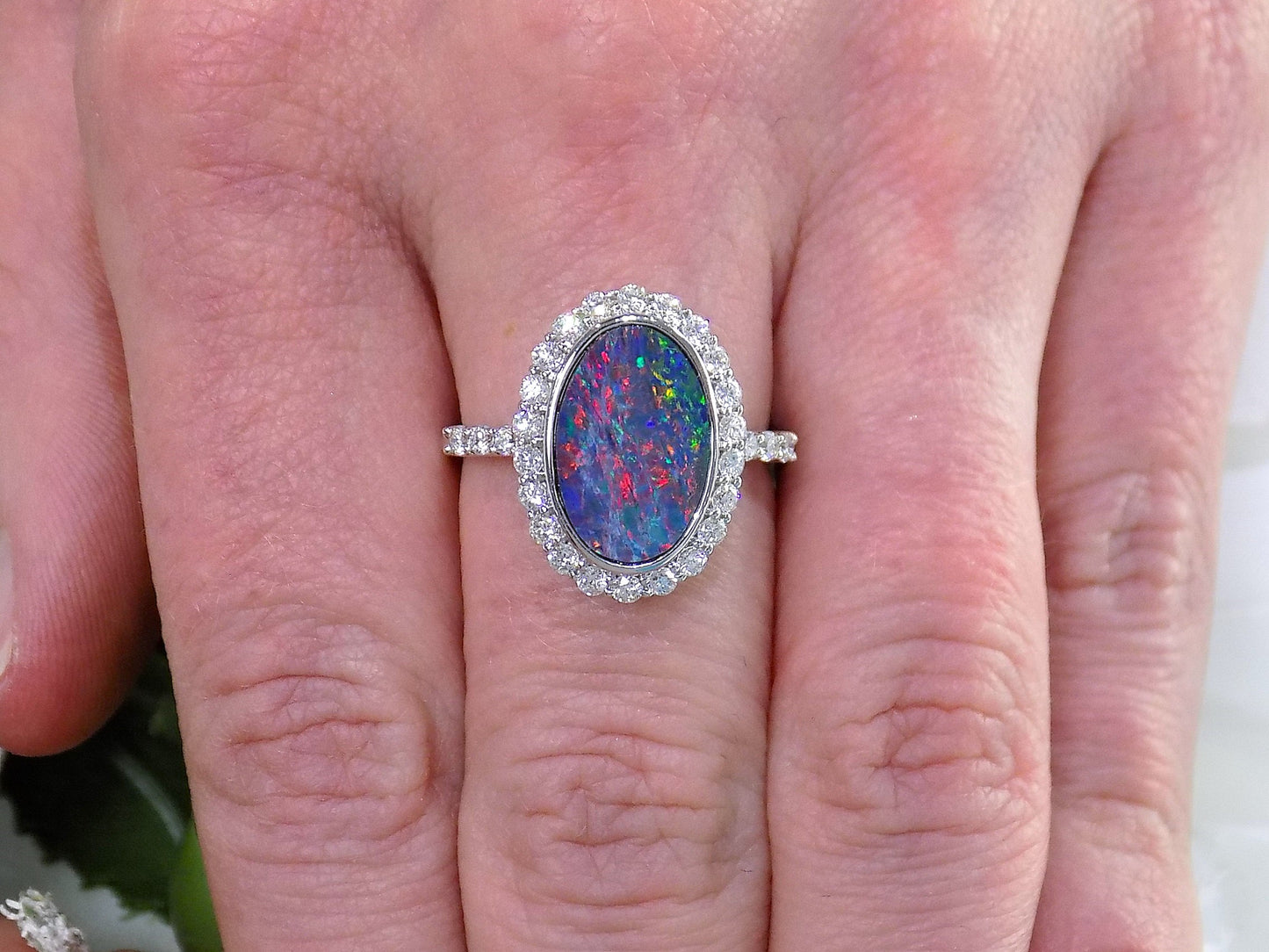 Ladies' 2.02ct TW Halo Style Genuine Black Boulder Opal Ring with Natural Round Diamond Accents in 14K White Gold