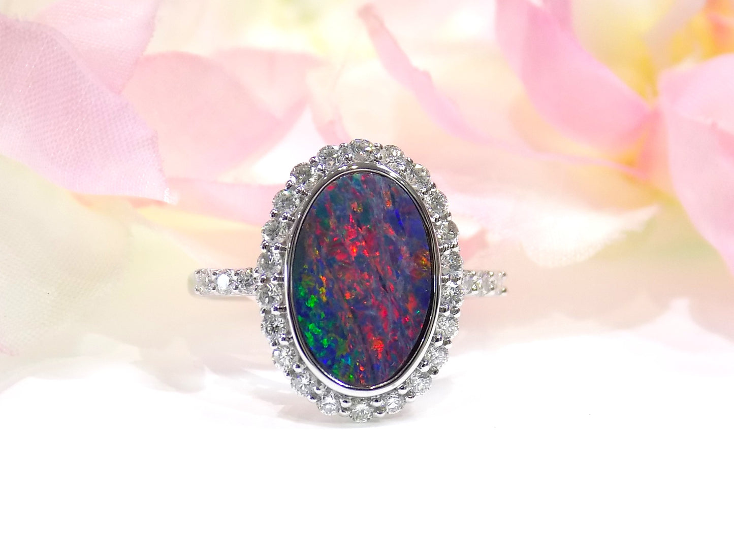 Ladies' 2.02ct TW Halo Style Genuine Black Boulder Opal Ring with Natural Round Diamond Accents in 14K White Gold