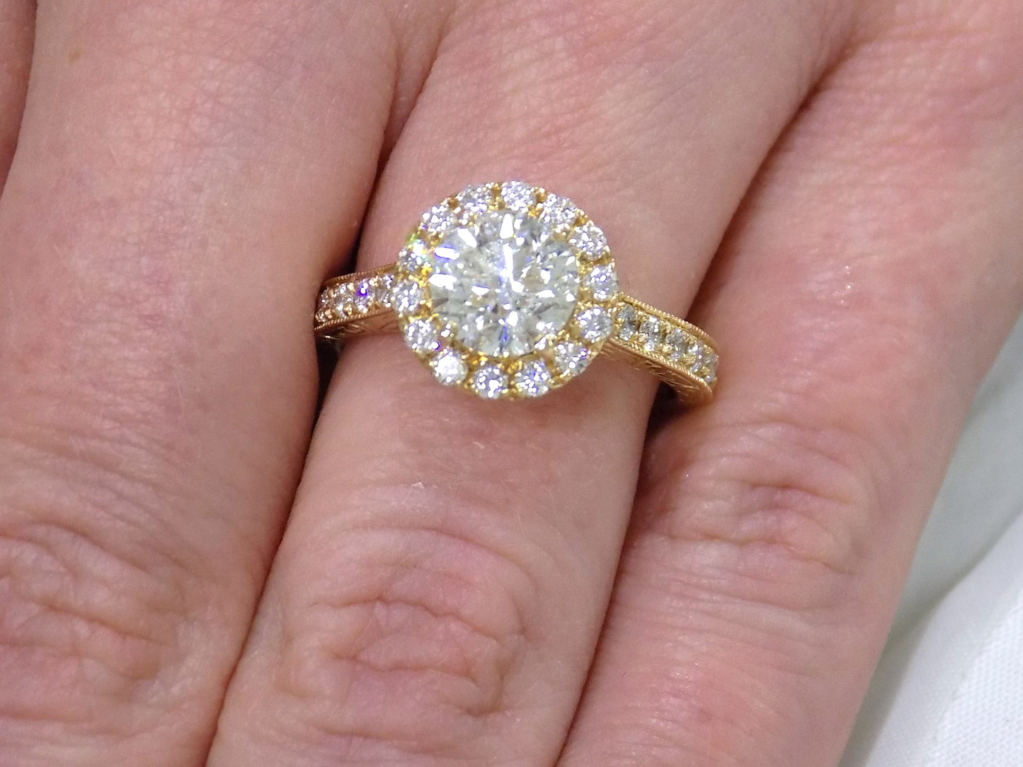 2.17ct TW Natural Round Brilliant Halo Style Diamond Engagement Ring with a 1.52ct Round Center in 14K Yellow Gold