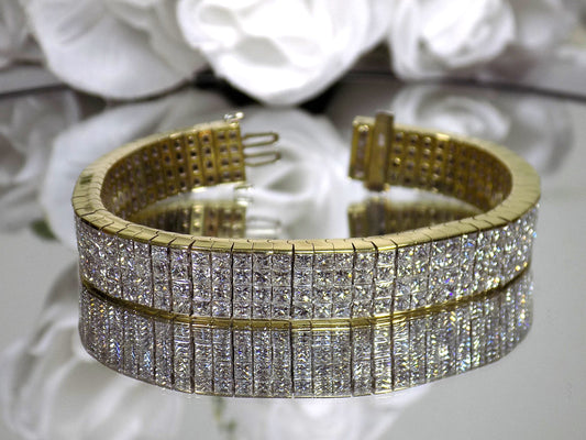 Estate 22ct TW Natural Princess Cut Invisibly Set Diamond Bracelet in 18K Yellow Gold - Like Brand New, Never Worn