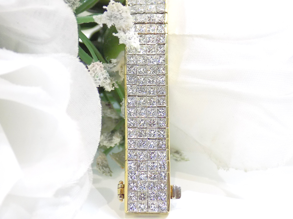 Estate 22ct TW Natural Princess Cut Invisibly Set Diamond Bracelet in 18K Yellow Gold - Like Brand New, Never Worn