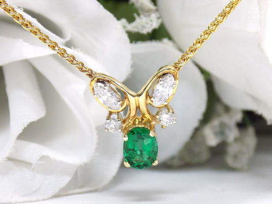 2ct TW Custom Made Natural Oval Fine Green Emerald & Diamond Necklace in 14K Yellow Gold 18" Long