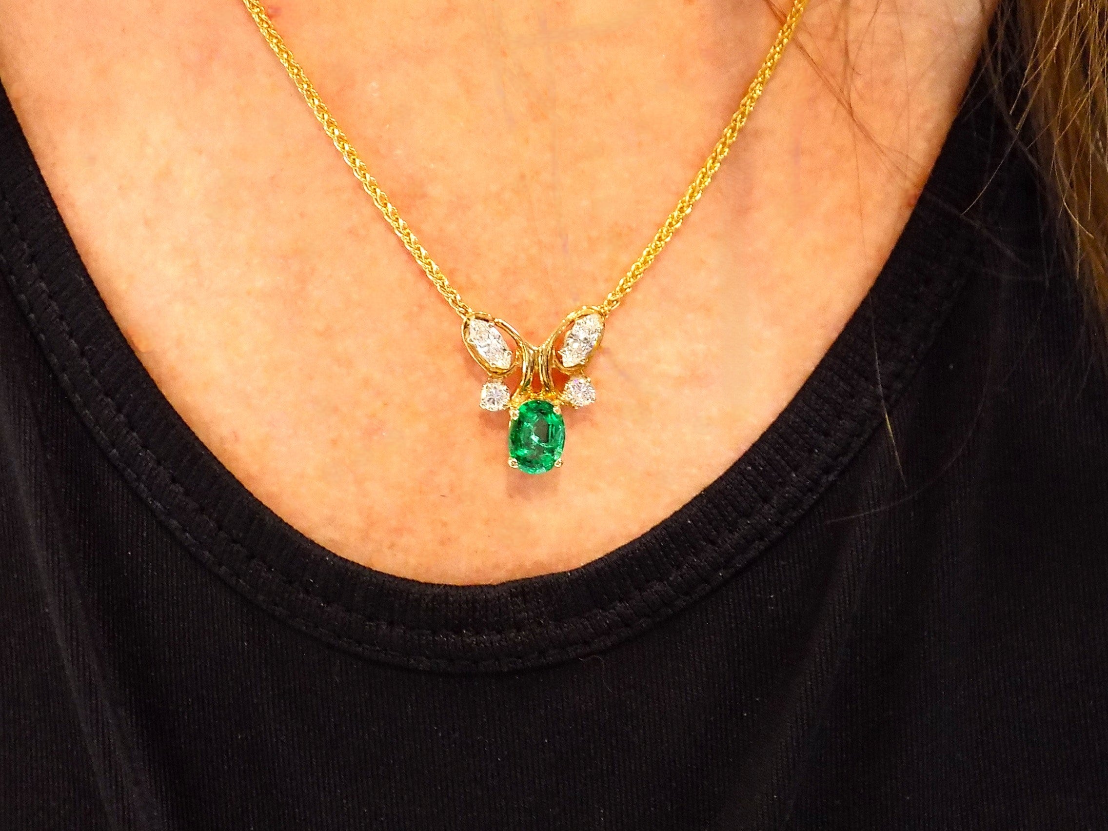 2ct TW Custom Made Natural Oval Fine Green Emerald & Diamond Necklace in 14K Yellow Gold 18" Long