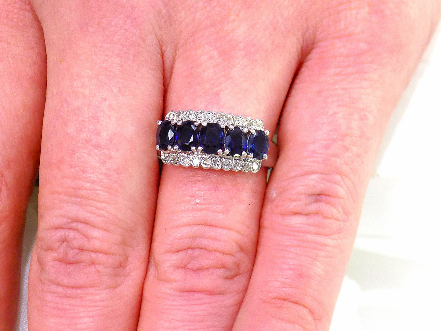 2ct TW Vintage Genuine Blue Sapphire & Diamond Band in 14K White Gold - Like NEW