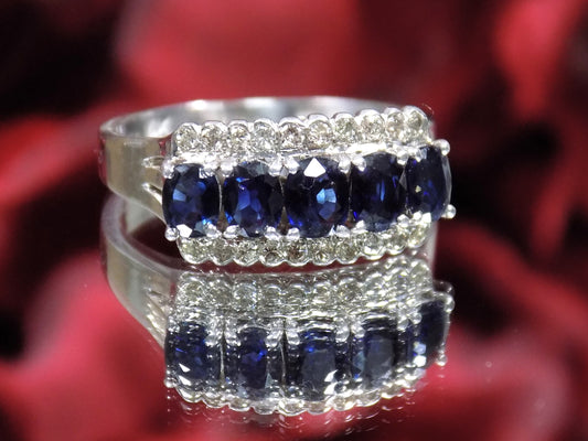 2ct TW Vintage Genuine Blue Sapphire & Diamond Band in 14K White Gold - Like NEW