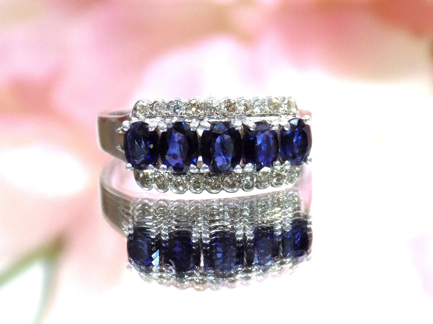 2ct TW Vintage Genuine Blue Sapphire & Diamond Band in 14K White Gold - Like NEW