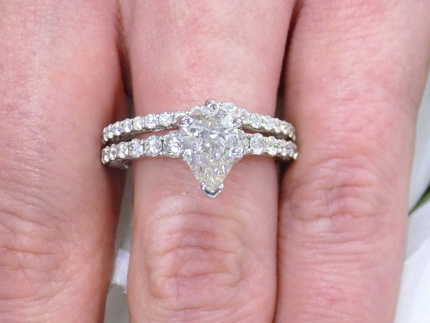 3.15ct TW Natural Pear Shape Diamond Wedding Set (w/ Matching Band) with a Nice 1.51ct Pear Shape Center in a Victorian Style Solid 14K White Gold Mounting