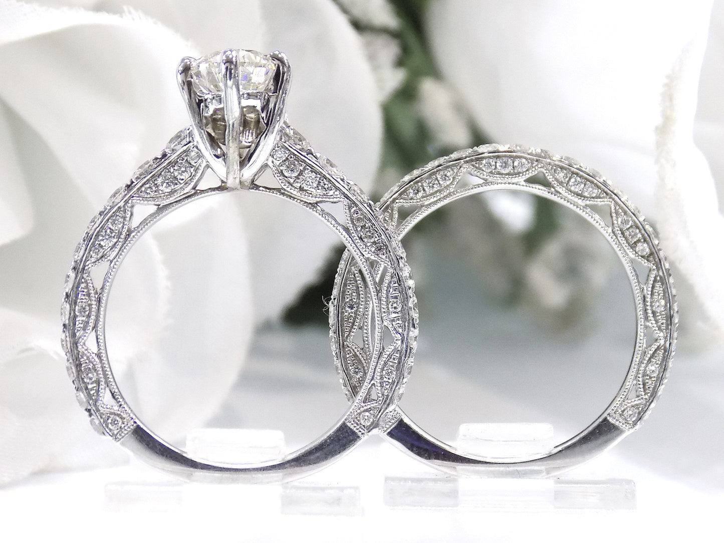 3.15ct TW Natural Pear Shape Diamond Wedding Set (w/ Matching Band) with a Nice 1.51ct Pear Shape Center in a Victorian Style Solid 14K White Gold Mounting